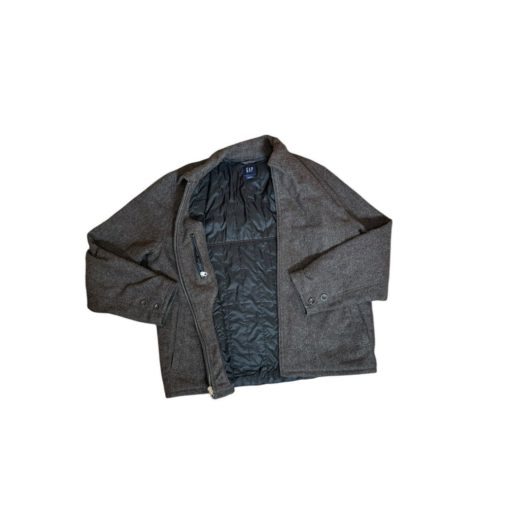 Vintage Gap Wool Jacket Mens‎ L Y2K Brown Full Zip Quilted Collared Jacket